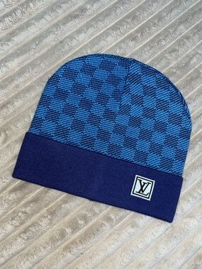 Louis Vuitton Blue Two-Tone Knit Beanie with LV Patch